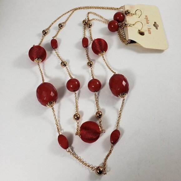 Gold tone Multi Strand Red beaded Necklace With Matching Earrings - Picture 2 of 8